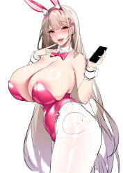 Rule 34 | 1girl, absurdres, animal ears, blonde hair, blush, bow, bowtie, breasts, cellphone, chixiao, commentary, cowboy shot, detached collar, fake animal ears, fake tail, goddess of victory: nikke, highres, holding, holding phone, huge breasts, leotard, long hair, looking at viewer, looking to the side, open mouth, pantyhose, phone, pink bow, pink bowtie, pink leotard, playboy bunny, rabbit ears, rabbit tail, red eyes, simple background, smartphone, solo, strapless, strapless leotard, tail, very long hair, viper (nikke), white background, white pantyhose, wrist cuffs