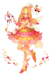 Rule 34 | 1girl, bare shoulders, blonde hair, bow, closed mouth, creatures (company), crown, dress, earrings, facepaint, fairy wings, flower, game freak, gen 6 pokemon, gen 7 pokemon, gloves, grey eyes, hair ornament, high heels, highres, jewelry, klefki, layered dress, long hair, low ponytail, mina (pokemon), mini crown, multicolored hair, nintendo, npc trainer, paint, paintbrush, pink hair, pokemon, pokemon (creature), pokemon sm, pom pom (clothes), purple eyes, ribombee, sarami (sa rami30), scarf, scarf bow, shirt, simple background, sleeveless, strapless, trial captain, two-tone hair, white background, wings