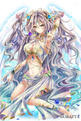 Rule 34 | 1girl, armpits, barefoot, blue flower, blue rose, breasts, cleavage, copyright notice, copyright request, feathered wings, flower, grey hair, hair ornament, long hair, navel, official art, original, petals, rose, rose petals, shida (xwheel), solo, white wings, wings, yellow eyes