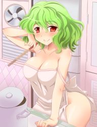 Rule 34 | 1girl, apron, bad id, bad pixiv id, bare shoulders, blush, breasts, chopsticks, cleavage, female focus, green hair, highres, jewelry, kazami yuuka, large breasts, looking at viewer, naked apron, red eyes, ring, shin&#039;en (gyokuro company), short hair, smile, solo, touhou, wedding band