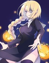 Rule 34 | 1girl, alternate costume, blonde hair, blue thighhighs, blurry, braid, breasts, colored skin, cross, cross necklace, depth of field, fate/grand order, fate (series), grey skin, habit, hair between eyes, halloween, jack-o&#039;-lantern, jeanne d&#039;arc (fate), jewelry, large breasts, looking at viewer, maru (pixiv51714255), necklace, outstretched arm, side slit, skindentation, solo, stitched face, stitches, thighhighs, thighs