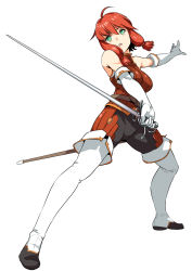 Rule 34 | 1girl, ahoge, bare shoulders, boots, breasts, commentary request, elbow gloves, fighting stance, full body, gloves, green eyes, korean commentary, large breasts, medium hair, original, pirata (gailtonatiu), rapier, red hair, sheath, solo, sword, teeth, thigh boots, thighhighs, upper teeth only, weapon, white background, white gloves