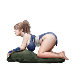 Rule 34 | 1girl, all fours, arm guards, bangku an, bare shoulders, barefoot, blue kimono, breasts, brown hair, choker, commentary, dead or alive, english commentary, closed eyes, from side, full body, hanging breasts, highres, japanese clothes, kasumi (doa), kimono, large breasts, medium hair, obi, pelvic curtain, pillow, ponytail, sash, simple background, sleeveless, sleeveless kimono, solo, thighs, white background