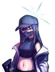 Rule 34 | 1girl, armband, bare shoulders, baseball cap, blue archive, blue eyes, blue hair, blue hat, blunt bangs, breasts, coat, commentary request, gyu mizu, hat, highres, large breasts, long hair, long sleeves, looking at viewer, mask, mouth mask, off shoulder, open clothes, open coat, saori (blue archive), simple background, solo, upper body, white background, white coat