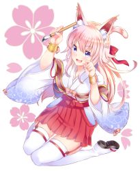Rule 34 | &gt;:3, &gt;:d, 1girl, :3, :d, animal ears, arms up, bad id, bad pixiv id, blue eyes, blush, bracelet, braid, breasts, calligraphy brush, cat ears, cat tail, cherry blossoms, floral background, full body, hair ribbon, hakama, hakama short skirt, hakama skirt, half updo, holding, holding brush, japanese clothes, jewelry, long hair, mashiro aa, medium breasts, miko, open mouth, original, paintbrush, pink hair, pleated skirt, red ribbon, red skirt, ribbon, sandals, sitting, skirt, smile, solo, tail, thighhighs, v-shaped eyebrows, wariza, white background, white thighhighs, wide sleeves