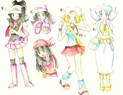 Rule 34 | 4girls, alternate costume, bad id, bad pixiv id, bag, bandana, beanie, bianca (pokemon), bianca (pokemon) (cosplay), black hair, blonde hair, blue hair, boots, cosplay, creatures (company), dawn (pokemon), dawn (pokemon) (cosplay), dress, game freak, hat, hilda (pokemon), kris (pokemon), kurara ark, leaf (pokemon), leaf (pokemon) (cosplay), long hair, may (pokemon), may (pokemon) (cosplay), multiple girls, nintendo, pantyhose, pink footwear, pokemon, pokemon bw, pokemon dppt, pokemon frlg, pokemon gsc, pokemon rse, scarf, short hair, skirt, traditional media, twintails, winter clothes
