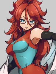 Rule 34 | 1girl, android 21, black-framed eyewear, blue eyes, breasts, checkered clothes, checkered dress, dragon ball, dragon ball fighterz, dress, earrings, glasses, grey background, hair between eyes, hoop earrings, jewelry, kemachiku, lab coat, large breasts, long hair, looking at viewer, red hair, simple background, smile, solo