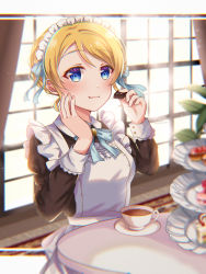 Rule 34 | 1girl, apron, aqua bow, aqua ribbon, artist name, artist request, ayase eli, blonde hair, bow, bowtie, breasts, candy, chocolate, chocolate bar, collared dress, cup, dress, eating, female focus, food, frilled apron, frilled shirt collar, frills, hair between eyes, hand on own cheek, hand on own face, highres, holding, holding chocolate, holding food, indoors, long hair, long sleeves, love live!, love live! school idol festival, love live! school idol project, maid, maid apron, maid headdress, nail, nail polish, pink nails, pink nails, puffy long sleeves, puffy sleeves, ribbon, short hair, sleeve cuffs, small breasts, table, teacup, upper body, white apron, white wrist cuffs, window, wing collar, wrist cuffs