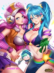 Rule 34 | &gt;:&gt;, 2girls, :&gt;, alternate costume, arcade miss fortune, arcade sona, armor, artist name, beads, blue eyes, blue hair, blush, bracelet, breasts, blowing bubbles, chewing gum, chibi, citemer, cleavage, collarbone, copyright name, cowboy shot, detached sleeves, earrings, emoticon, gloves, gradient background, green gloves, green hair, hair ornament, hairclip, hat, headphones, holding, holding sword, holding weapon, jewelry, large breasts, league of legends, long sleeves, looking at viewer, miss fortune (league of legends), multiple girls, navel, necklace, open hand, parted lips, pink hair, pleated skirt, purple skirt, riven (league of legends), side slit, simple background, skirt, sona (league of legends), star (symbol), star earrings, star hair ornament, star print, striped clothes, striped gloves, sword, twintails, v-shaped eyebrows, weapon, white background