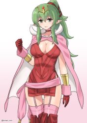 Rule 34 | 1girl, :d, blush, boots, breasts, cape, cleavage, collarbone, dress, fire emblem, fire emblem awakening, garter straps, gloves, green eyes, green hair, highres, kinnan, large breasts, long hair, looking at viewer, nintendo, open mouth, pink cape, pointy ears, ponytail, red dress, red gloves, red thighhighs, side slit, simple background, smile, solo, strapless, strapless dress, thigh boots, thighhighs, tiara, tiki (adult) (fire emblem), tiki (fire emblem), twitter username, white background