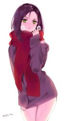 Rule 34 | 1girl, blush, breath, brown hair, clothes tug, cowboy shot, green eyes, looking at viewer, naked sweater, red scarf, rozer, scarf, sleeves past wrists, solo, sweater, sweater tug