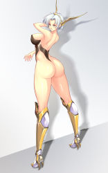 Rule 34 | 1girl, absurdres, armored boots, ass, blue eyes, blush, boots, breasts, closed mouth, commentary request, dark night (darkotl), from behind, gradient background, highres, knee boots, langrisser, langrisser ii, large breasts, leotard, lips, parted bangs, sherry (langrisser), shiny clothes, shiny skin, short hair, silver hair, simple background, solo, standing, thighs, thong, thong leotard