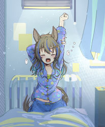 Rule 34 | air conditioner, alternate costume, alternate hairstyle, animal ears, arms up, bed, closed eyes, commentary request, curtains, daitaku helios (umamusume), hair ornament, hairclip, highres, horse ears, horse girl, horse tail, multicolored hair, open mouth, pajamas, rakugakiraid, tail, tears, two-tone hair, umamusume, waking up