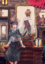Rule 34 | 2girls, animal ears, back, black skirt, blonde hair, blue eyes, capelet, closed mouth, different reflection, drawer, gem, grey hair, hair ornament, hanging scroll, highres, indoors, lamp, long skirt, long sleeves, looking to the side, mirror, mouse ears, multicolored hair, multiple girls, nazrin, oil-paper umbrella, onion (onion and pi-natto), phonograph, pleated skirt, reflection, round window, scroll, shirt, short hair, skirt, suspenders, table, toramaru shou, touhou, two-tone hair, umbrella, vanity table, white shirt, window