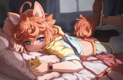 Rule 34 | 1boy, ahoge, animal ears, blue eyes, blush, buffpup (vtuber), cellphone, clothing cutout, commentary request, commission, copyright request, dappled sunlight, dog boy, dog ears, dog tail, fang, highres, holding, holding phone, indie virtual youtuber, indoors, leash, leg up, lying, male focus, melaton, messy hair, on bed, on stomach, orange hair, phone, pillow, shoes, skeb commission, smartwatch, solo, star-shaped pupils, star (symbol), sunlight, symbol-shaped pupils, tail, tail through clothes, virtual youtuber, watch, wristwatch