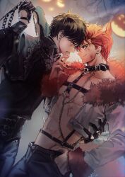 Rule 34 | 2boys, abs, absurdres, animal ears, bare pectorals, bishounen, black capelet, black choker, black collar, black eyes, black gloves, black hair, black pants, black shirt, blood on mouth, capelet, chain, chest harness, choker, collar, couple, cowboy shot, cropped jacket, eye contact, face-to-face, fang, fang out, fox boy, fox ears, fox tail, fur-trimmed jacket, fur trim, gloves, hand in pocket, hand on another&#039;s face, hand on another&#039;s waist, harness, highres, holding, holding leash, jacket, kemonomimi mode, leash, long sleeves, looking at another, male focus, multiple boys, navel, nomimono rh, pants, pectorals, red hair, rukawa kaede, sakuragi hanamichi, scratches, shirt, short hair, slam dunk (series), smile, tail, toned, toned male, white jacket, yaoi