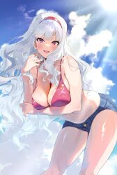 Rule 34 | 1girl, absurdres, arm under breasts, bikini, bikini top only, breasts, cleavage, cloud, cloudy sky, hairband, highres, idolmaster, large breasts, leaning forward, long hair, looking at viewer, midnamana, red eyes, red hairband, shijou takane, short shorts, shorts, sky, smile, solo, sun, sunlight, swimsuit, white hair