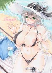 Rule 34 | 1girl, aquila (a sip of sardegnian elegance) (azur lane), aquila (azur lane), azur lane, bikini, black bikini, breasts, covered erect nipples, grey hair, hat, highleg, highleg bikini, highres, huge breasts, long hair, looking at viewer, marker (medium), nipples, official alternate costume, one breast out, open mouth, purplepencil, see-through, solo, sun hat, swimsuit, traditional media, white hat