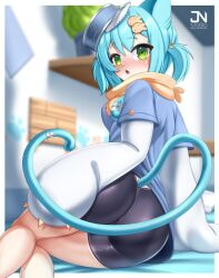Rule 34 | 1girl, animal ears, ass, bike shorts, blue headwear, breasts, cat ears, cat girl, green eyes, highres, indie virtual youtuber, indoors, jnstudio, krumroll, long hair, looking at viewer, looking back, lying, medium breasts, on side, open mouth, scarf, shirt, short sleeves, short twintails, solo, twintails, virtual youtuber