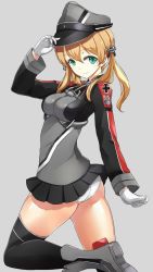 Rule 34 | 10s, 1girl, ass, asya, black thighhighs, blonde hair, gloves, green eyes, grey background, hat, hat tip, highres, kantai collection, legs, looking at viewer, looking back, military, military uniform, panties, prinz eugen (kancolle), simple background, solo, thighhighs, thighs, twintails, underwear, uniform, white panties