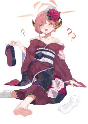Rule 34 | 1girl, ?, absurdres, aru (blue archive), aru (new year) (blue archive), barefoot, blue archive, blush, brown horns, collarbone, demon horns, feet, halo, highres, horns, japanese clothes, kimono, long hair, long sleeves, obi, official alternate costume, open mouth, pink hair, pink halo, red kimono, sash, shoes, simple background, single sock, socks, soles, solo, tabi, toes, unworn shoes, white background, white socks, wide sleeves, yellow eyes, zhuozhuozhuo