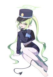 Rule 34 | 1girl, absurdres, belt, black belt, black hat, black jacket, black shorts, black tail, blue archive, blush, commentary, demon tail, e li (77864296), earrings, full body, gloves, green hair, green halo, hair between eyes, halo, hat, highres, holding, holding whistle, jacket, jewelry, long hair, long sleeves, nozomi (blue archive), open mouth, pantyhose, peaked cap, pointy ears, shorts, simple background, smile, solo, symbol-only commentary, tail, whistle, white background, white gloves, white pantyhose, yellow eyes