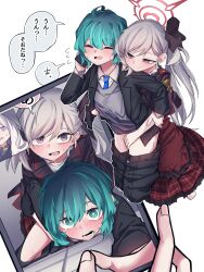 Rule 34 | 3girls, ^ ^, absurdres, black jacket, black pants, blue archive, blush, cellphone photo, closed eyes, clothes pull, female sensei (blue archive), foreshortening, green hair, grey hair, halo, highres, hina (blue archive), jacket, multiple girls, mutsuki (blue archive), pants, pants pull, pov, pov hands, sensei (blue archive), sexual harassment, simple background, speech bubble, sweatdrop, talking on phone, translation request, video call, vivo (vivo sun 0222), white background, yuri