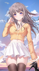 Rule 34 | 1girl, black footwear, blue sky, breasts, brown thighhighs, buttons, cleavage, cloud, cowboy shot, crop top, crop top overhang, dress shirt, emyo, grey hair, hand up, high heels, highres, holding, holding shoes, jewelry, large breasts, long hair, long sleeves, looking at viewer, midriff, miniskirt, navel, necklace, original, purple eyes, ribbed shirt, shirt, shoes, unworn shoes, skindentation, skirt, sky, smile, solo, standing, thighhighs, thighs, white skirt, yellow shirt, zettai ryouiki