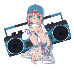 Rule 34 | 1girl, aqua eyes, aqua shorts, arm between legs, backwards hat, bandaid, bandaid on face, bandaid on nose, baseball cap, blue hat, blush, boombox, closed mouth, cropped sweater, drop shadow, fila, full body, hat, highres, long sleeves, looking at viewer, medium hair, nao97122, original, pink hair, ribbed socks, shoes, short shorts, shorts, simple background, smile, sneakers, socks, solo, squatting, sweater, white background, white footwear, white socks, white sweater