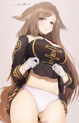Rule 34 | 1girl, absurdres, animal ears, artist name, black dress, blush, breasts, brown eyes, brown hair, cameltoe, choker, clothes lift, commentary request, cowboy shot, dress, dress lift, female focus, fox ears, fox tail, gloves, highres, koyo akio, large breasts, lifting own clothes, long hair, long sleeves, looking at viewer, navel, panties, pink background, simple background, skirt, skirt lift, smile, solo, tail, the alliance alive, underwear, uniform, very long hair, vivian vin esmerode, white gloves, white panties