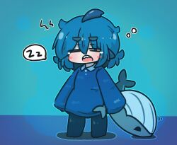 Rule 34 | 1girl, :o, blue background, blue hair, blue pantyhose, blush stickers, chibi, closed eyes, commentary request, facing viewer, fins, fish tail, fuka-chan, full body, hair between eyes, highres, holding, holding stuffed toy, no shoes, open mouth, original, pantyhose, shadow, shark tail, sharp teeth, short eyebrows, simple background, solo, spoken zzz, standing, stuffed toy, stuffed whale, tail, teeth, thick eyebrows, uni souchou, zzz
