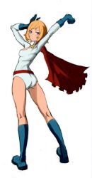 Rule 34 | 1girl, arm up, ass, blonde hair, blue eyes, blue footwear, blue gloves, boots, breasts, cape, cleavage cutout, closed mouth, clothing cutout, dc comics, full body, gloves, knee boots, legs, leotard, looking at viewer, looking back, pinebrushxd, power girl, red cape, short hair, simple background, sketch, small breasts, solo, white background, white leotard