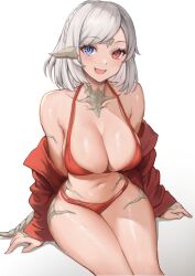 Rule 34 | 1girl, absurdres, asymmetrical bangs, au ra, bikini, blue eyes, breasts, chinese commentary, cleavage, collarbone, commentary, dot nose, dragon girl, dragon horns, english commentary, final fantasy, final fantasy xiv, gradient background, grey hair, halterneck, heterochromia, highres, horns, invisible chair, large breasts, looking at viewer, mixed-language commentary, navel, off shoulder, open clothes, open mouth, open shirt, red bikini, red eyes, red shirt, shirt, short hair, sitting, solo, swimsuit, thighs, torisanff14, warrior of light (ff14)