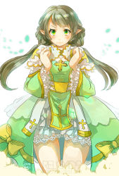 Rule 34 | 1girl, alternate color, arch bishop (ragnarok online), arms up, bad id, bad pixiv id, bloomers, blush, bow, brown hair, closed mouth, commentary request, cowboy shot, cross, dated, dress, frilled dress, frilled sleeves, frills, green dress, green eyes, juliet sleeves, long hair, long sleeves, looking at viewer, official alternate costume, pointy ears, puffy sleeves, ragnarok online, reload9 yohji, signature, solo, underwear, watermark, web address, white background, white dress, yellow bow