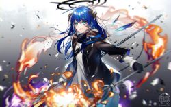 Rule 34 | 1girl, arknights, asymmetrical gloves, black gloves, black jacket, blue eyes, blue hair, commentary, gloves, grey background, hair between eyes, halo, holding, holding staff, horns, jacket, long hair, long sleeves, looking at viewer, mismatched gloves, mostima (arknights), originium arts (arknights), parted lips, shirt, smile, solo, staff, umeno shii, white gloves, white shirt