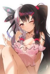 Rule 34 | 1girl, arutera, bare shoulders, bikini, bikini top only, black bow, black hair, blush, bow, breasts, closed mouth, commentary, eyeshadow, hair bow, hair ornament, highres, long hair, looking at viewer, makeup, medium breasts, multicolored hair, nijisanji, one eye closed, pink bikini, red eyes, red hair, silver hair, simple background, sketch, smile, solo, split-color hair, streaked hair, swimsuit, two-tone hair, upper body, very long hair, virtual youtuber, white background, yorumi rena