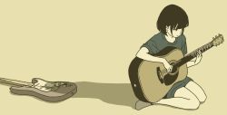 Rule 34 | 1girl, acoustic guitar, black eyes, commentary request, electric guitar, fender stratocaster, flat color, full body, green shirt, grey socks, guitar, highres, hosoo, instrument, kneeling, limited palette, monochrome, music, original, oversized clothes, oversized shirt, playing instrument, sad, shadow, shirt, short hair, short sleeves, simple background, socks, solo, tan background