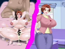 Rule 34 | 1boy, 1girl, after vaginal, ahegao, anus, arms up, ass, blush, breasts, censored, completely nude, creatures (company), cum, cum overflow, dark-skinned male, dark skin, delia ketchum, embarrassed, fat, fat man, female orgasm, game freak, glowing, glowing eyes, grabbing, grabbing from behind, hand on own hip, hetero, huge ass, hypnosis, interracial, konnandaakke, large breasts, legs apart, legs up, long hair, looking at viewer, low ponytail, lying, mind control, moaning, nintendo, nipples, nude, open mouth, orgasm, penis, pokemon, pokemon (anime), pokemon (classic anime), pussy, pussy juice, saliva, sex, sex from behind, shiny skin, shirt, simple background, skirt, spread legs, squatting, steaming body, straddling, tongue, tongue out, vaginal, wide hips