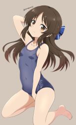 Rule 34 | 1girl, arm behind back, barefoot, between legs, blue bow, blue one-piece swimsuit, bow, brown background, brown eyes, brown hair, collarbone, commentary request, embarrassed, flat chest, hair bow, hand between legs, highres, idolmaster, idolmaster cinderella girls, idolmaster cinderella girls u149, kneeling, legs, light blush, long hair, looking at viewer, one-piece swimsuit, puffy cheeks, school swimsuit, sidelocks, solo, swimsuit, tachibana arisu, tamayan, thighs, twitter username