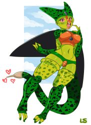 Rule 34 | 1girl, bad id, bad pixiv id, breasts, buck teeth, cell (dragon ball), dragon ball, dragonball z, eyelashes, genderswap, genderswap (mtf), heart, highres, imperfect cell, lightsource, looking at viewer, monster girl, navel, open mouth, red eyes, simple background, solo, tail, teeth, thighhighs