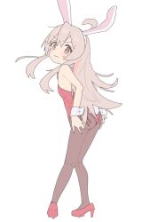 Rule 34 | 1girl, 7ben9i, ahoge, animal ears, ass, blush, breasts, brown eyes, colored inner hair, fake animal ears, fake tail, from behind, full body, genderswap, genderswap (mtf), grey hair, hair between eyes, hand on own ass, high heels, highres, leotard, long hair, looking at viewer, multicolored hair, onii-chan wa oshimai!, oyama mahiro, pantyhose, pink hair, playboy bunny, rabbit ears, rabbit tail, red footwear, red leotard, side-tie leotard, simple background, small breasts, solo, standing, strapless, strapless leotard, sweatdrop, tail, wavy mouth, white background, wrist cuffs