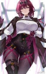 Rule 34 | 1girl, black jacket, black shorts, breasts, commentary request, cowboy shot, cyicheng, eyewear on head, gloves, highres, honkai: star rail, honkai (series), jacket, kafka (honkai: star rail), large breasts, long hair, long sleeves, open clothes, open jacket, pantyhose, pantyhose under shorts, purple eyes, purple gloves, purple hair, shirt, short shorts, shorts, solo, standing, sunglasses, thighs, white shirt