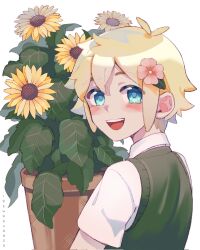 Rule 34 | 1boy, artist name, basil (faraway) (omori), basil (omori), blonde hair, blue eyes, blush, collared shirt, corrupted twitter file, flower, flower pot, green sweater vest, hair flower, hair ornament, highres, holding, holding flower pot, idawnrunner, looking at viewer, omori, open mouth, plant, potted plant, shirt, short hair, short sleeves, simple background, smile, solo, sweater vest, teeth, upper body, upper teeth only, white background, white shirt