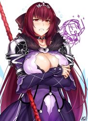 Rule 34 | armlet, armor, breasts, cleavage, cleavage cutout, clenched teeth, clothing cutout, cosplay, costume switch, dress, fate/grand order, fate (series), gae bolg (fate), hair between eyes, headpiece, jewelry, large breasts, okitakung, pauldrons, polearm, purple dress, purple hair, red eyes, scathach (fate), scathach skadi (fate), scathach skadi (second ascension) (fate), shoulder armor, sparkle, teeth, tiara, weapon, white background