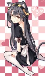 Rule 34 | 10s, 1girl, :t, alternate costume, animal ears, black hair, blush, cat ears, cat tail, checkered background, dress, enmaided, garter straps, hairband, haruna (kancolle), headgear, heart, kantai collection, long hair, looking at viewer, maid, pout, rin yuu, sitting, solo, tail, thighhighs, translated, wariza, white thighhighs, zettai ryouiki