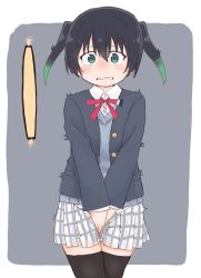 Rule 34 | 1girl, between legs, black hair, black jacket, black thighhighs, blush, border, buttons, clenched teeth, collared shirt, constricted pupils, cowboy shot, embarrassed, female focus, flat chest, gradient hair, green eyes, green hair, grey background, grey sweater, hand between legs, have to pee, highres, jacket, long sleeves, looking at viewer, love live!, love live! nijigasaki high school idol club, miniskirt, multicolored hair, neck ribbon, nose blush, open clothes, open jacket, outside border, own hands together, peeing, peeing self, plaid, plaid skirt, pleated skirt, pocket, ponnu (tnpn2yw), red ribbon, ribbon, school uniform, shirt, short hair, sidelocks, simple background, skirt, solo, standing, straight-on, surprised, sweater, takasaki yu, teeth, thighhighs, trembling, twintails, two-tone hair, urine meter, v arms, white border, white shirt, white skirt, wide-eyed, zettai ryouiki