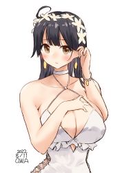 Rule 34 | 1girl, ahoge, artist name, black hair, breasts, brown eyes, casual one-piece swimsuit, cleavage, commentary request, cosplay, dated, flower, frilled one-piece swimsuit, frilled swimsuit, frills, hair flower, hair ornament, hairband, head wreath, highres, kantai collection, large breasts, long hair, looking at viewer, one-hour drawing challenge, one-piece swimsuit, owa (ishtail), sagiri (kancolle), sagiri (kancolle) (cosplay), side-tie swimsuit, solo, swimsuit, upper body, ushio (kancolle), white one-piece swimsuit