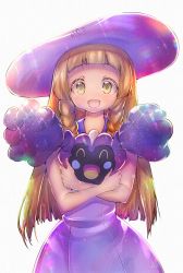 Rule 34 | 1girl, bare arms, blonde hair, braid, commentary request, cosmog, creatures (company), crossed arms, dress, eyelashes, game freak, gen 7 pokemon, green eyes, hat, holding, holding pokemon, legendary pokemon, light blush, lillie (pokemon), long hair, looking at viewer, nintendo, open mouth, pokemon, pokemon (creature), pokemon sm, sleeveless, sleeveless dress, smile, sparkle, sun hat, twin braids, usapenpen2019