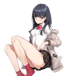 Rule 34 | 10s, 1girl, aiko (kanl), black hair, black skirt, blue eyes, blush, bow, bowtie, cardigan, closed mouth, commentary request, gridman universe, long hair, long sleeves, looking at viewer, open cardigan, open clothes, pleated skirt, red bow, red bowtie, red socks, revision, school uniform, shirt, simple background, sitting, skirt, socks, solo, ssss.gridman, takarada rikka, thighs, tsurime, white background, white cardigan, white shirt