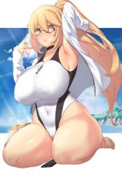Rule 34 | 1girl, arm up, armpits, aster crowley, bag, beach, black choker, blonde hair, blue sky, breasts, cameltoe, choker, closed mouth, cloud, competition swimsuit, covered erect nipples, covered navel, curvy, fate/grand order, fate (series), glasses, handbag, high ponytail, highleg, highleg swimsuit, highres, jacket, jeanne d&#039;arc (fate), jeanne d&#039;arc (ruler) (fate), jeanne d&#039;arc (swimsuit archer) (fate), jeanne d&#039;arc (swimsuit archer) (second ascension) (fate), large breasts, long hair, ocean, one-piece swimsuit, open clothes, open jacket, shokuhou misaki, shore, sitting, sky, smile, solo, swimsuit, thighs, toaru kagaku no railgun, toaru majutsu no index, water, whistle, whistle around neck, white jacket, white one-piece swimsuit, yellow eyes